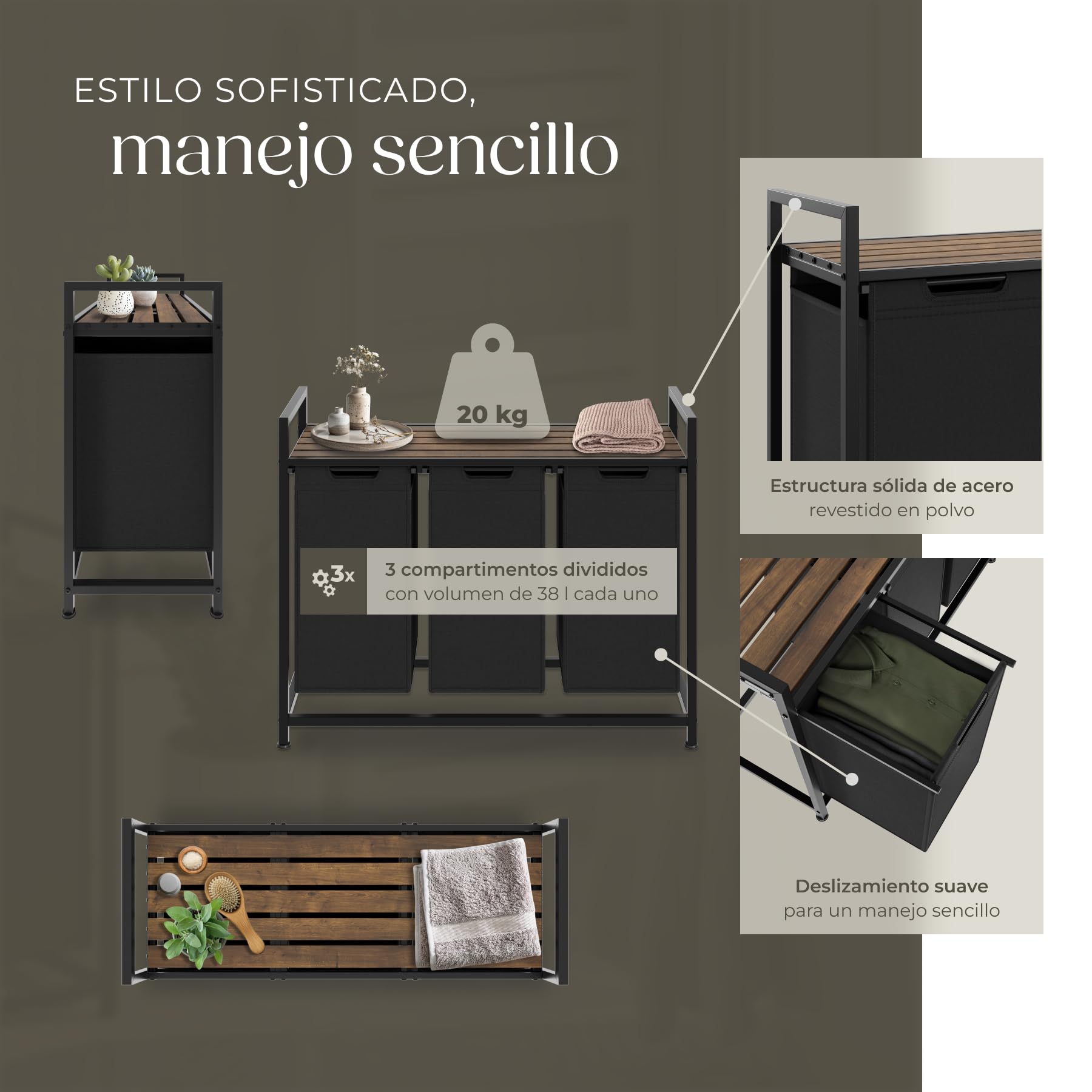 tectake® Cesto Ropa Sucia, Diseño Industrial Rústico, 3 Compartimentos, Bolsas de Poliéster Extraíbles, Cesta para Colada, Armario Lavandería, Estructura de Acero, Pies Regulables - 34 x 93,5 x 72 cm
