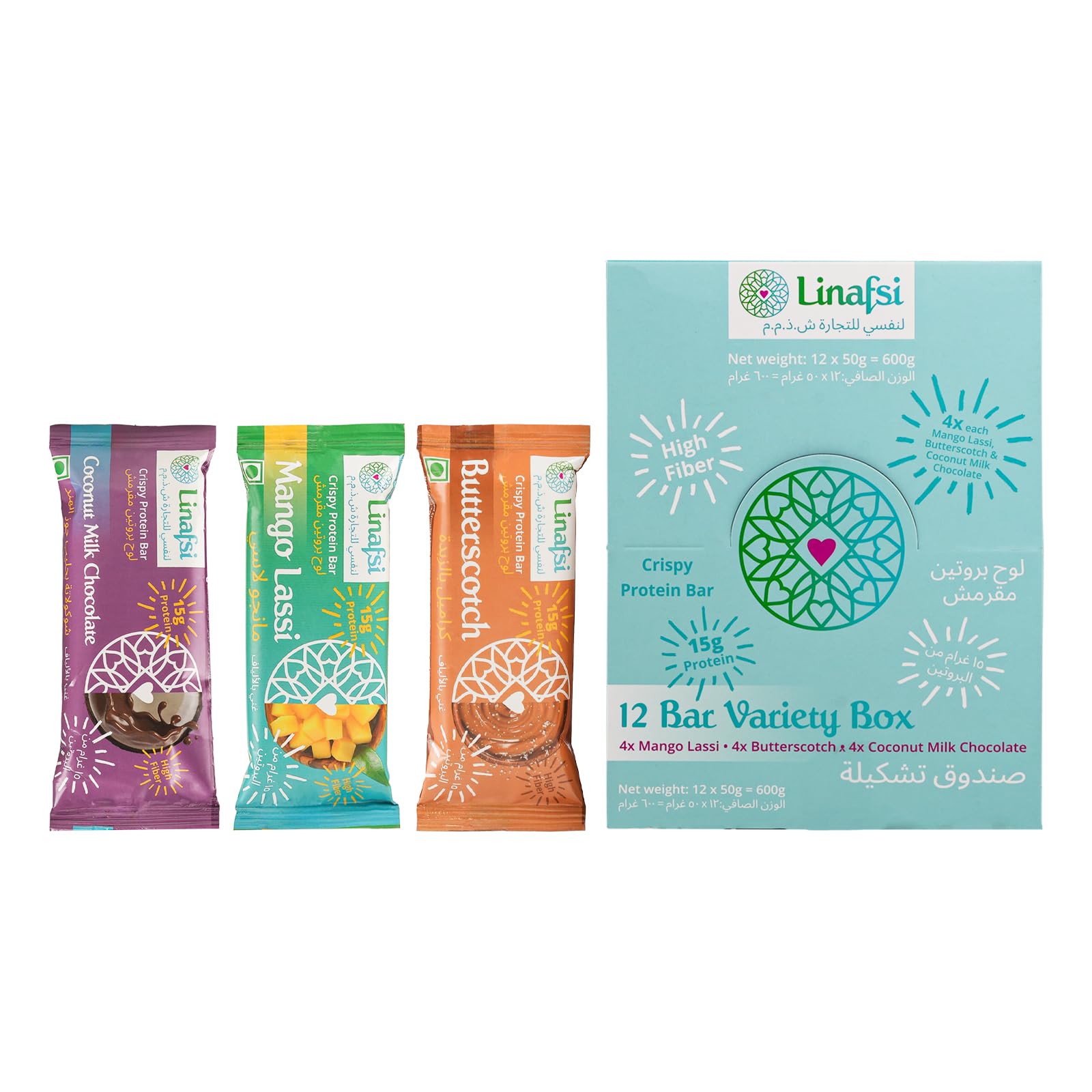 LinafsiVariety Pack Protein Bars - Pack of 12 x 50g (4 Butterscotch, 4 Coconut Milk Chocolate, 4 Mango Lassi) | High Protein, Low Sugar, High Fiber | No Artificial Colors or Flavors