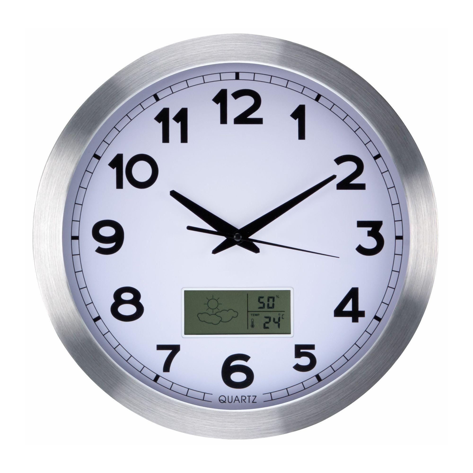 Perel 35cm Round Analogue Wall Clock with LCD Display Thermometer Hygrometer Weather Forecast Aluminium Silver