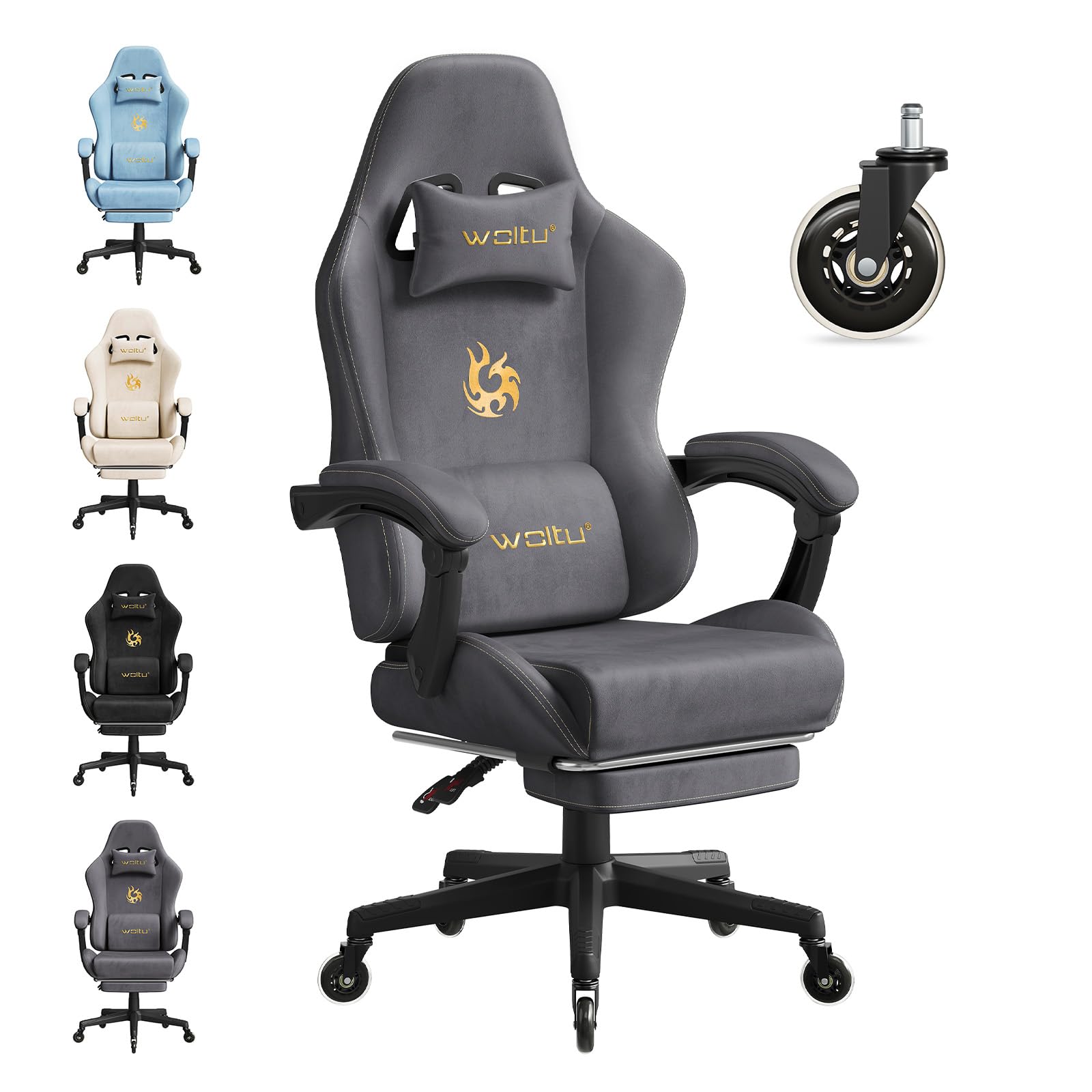 WOLTU Gaming Chair with Lumbar Support, Ergonomic Office Chair with Head and Footrest, Swivel Work Chair with Large Seat and Wheels, Suede Fabric, Grey