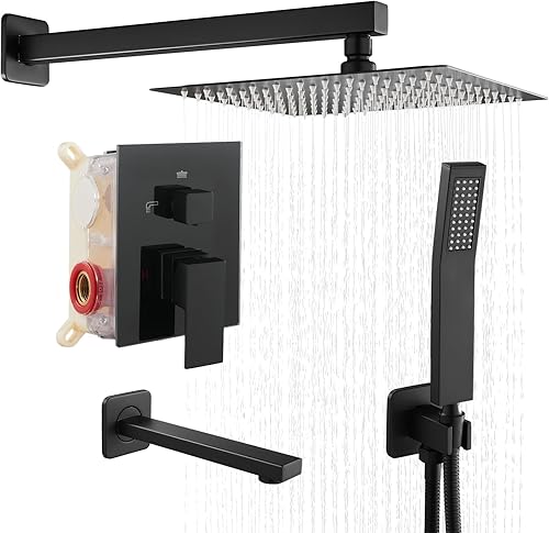 Miniatura 1 de Sistema de ducha de lluvia con boquilla de bañera, ducha de lluvia de 10 pulgadas y de mano, juego completo de válvula áspera y kit de molduras
