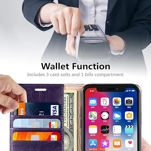Miniatura 3 de Belemay Funda tipo cartera compatible con iPhone X, compatible con iPhone 10, piel de vaca genuina con tapa bloqueo RFID, tarjetero, funda