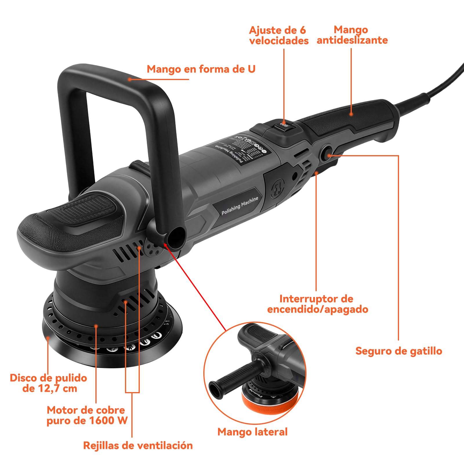 Pulidora Coche Orbital, 1500W 6 Velocidades Pulidora ExcéNtrica MáQuina Pulidoras Coche, Juego De MáQuina De Pulir Con Mango En D Y Lateral Para Pulir Y Encerar Coches, Muebles, Suelos