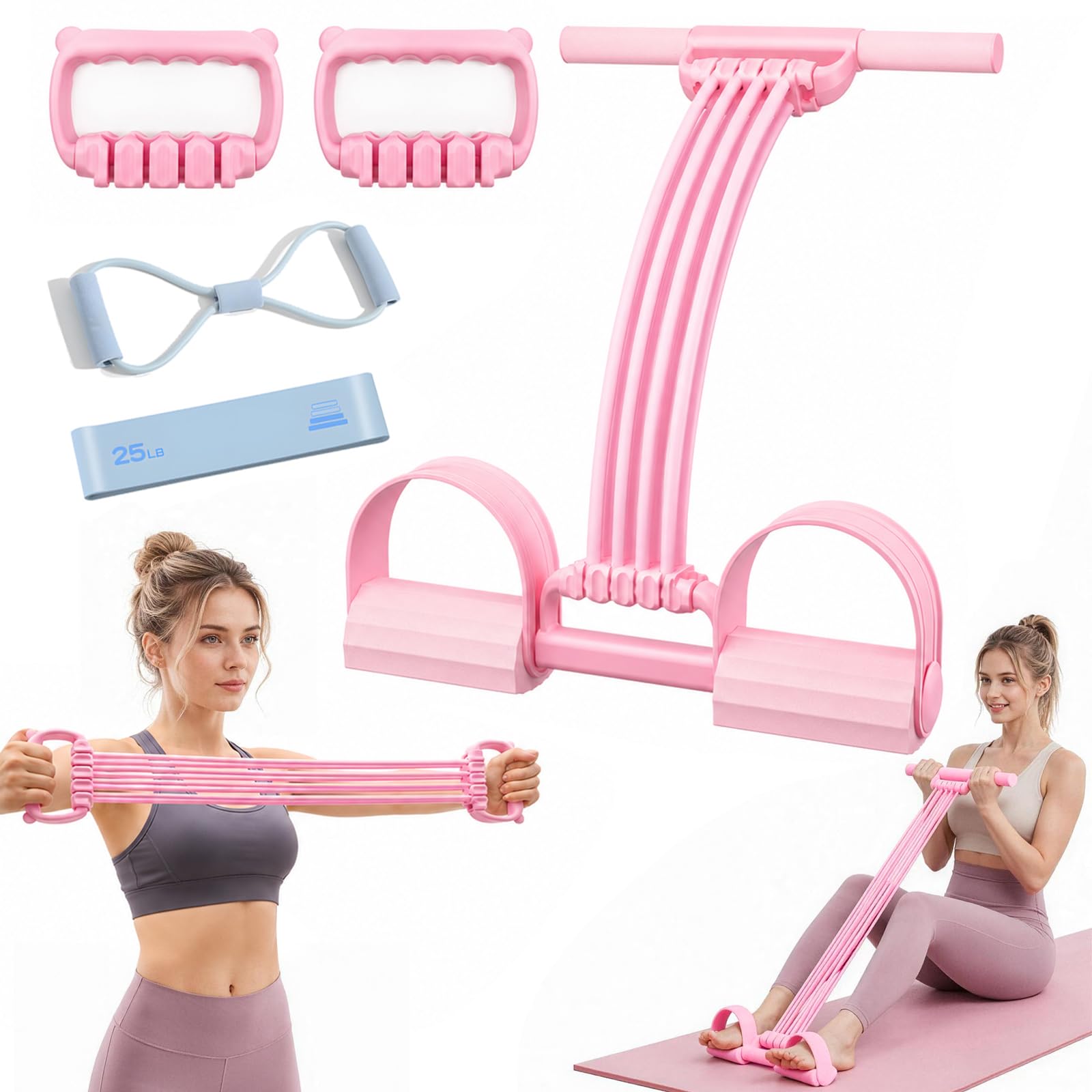 3-in-1 Pedal Resistance Band with Handle, 8 Tube Adjustable Foot Pedal Resistance Band, Abdominal Trainer Resistance Band, Sit Up Exercise Equipment for Home Abdomen/Arm/Leg Use, Detachable