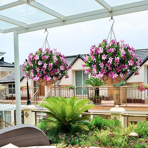 Miniatura 9 de Homsunny Flores colgantes artificiales, flores pequeñas de lirios de 12 pulgadas, pequeños lirios falsos que cuelgan en forro de coco, cestas