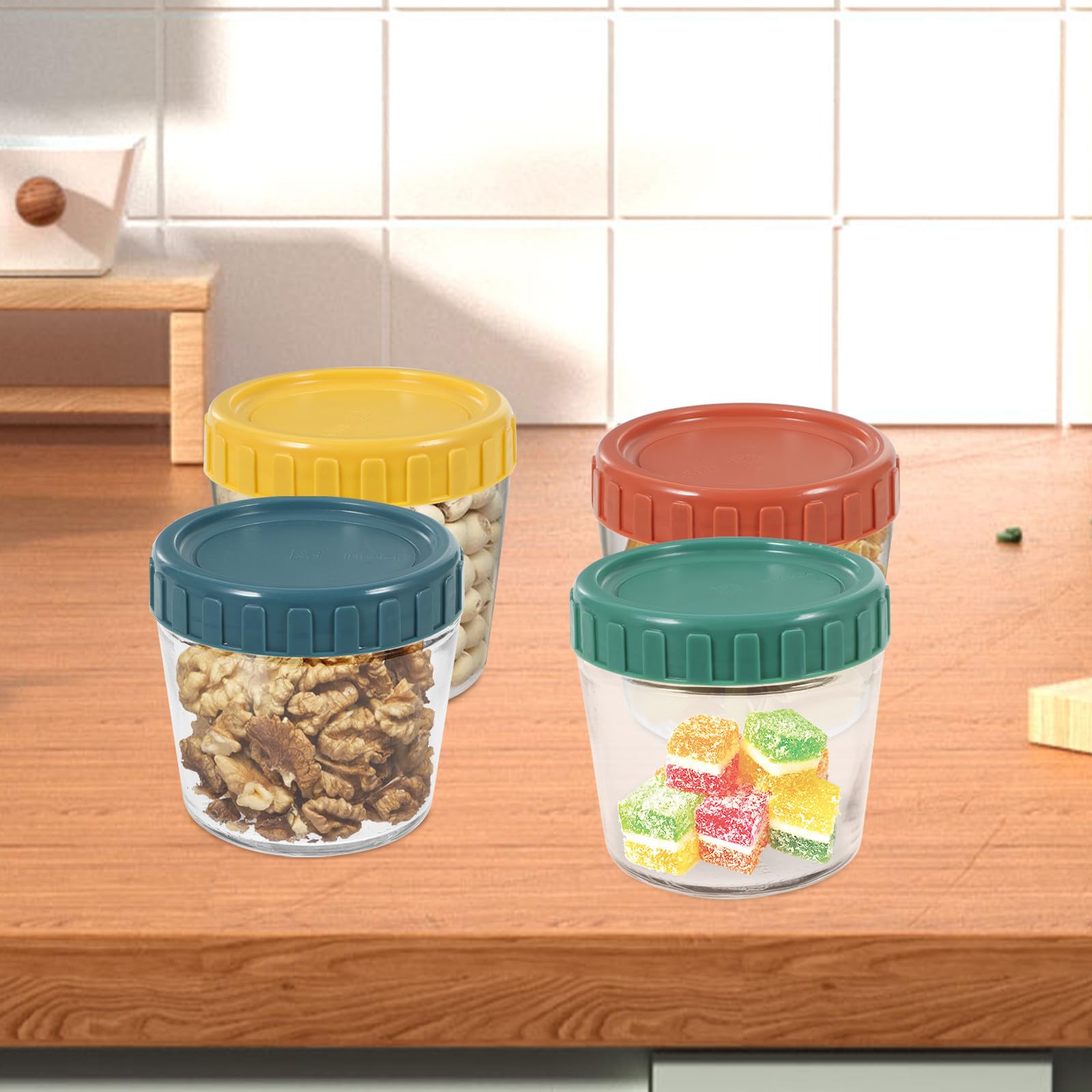4 Stück Glasbehälter mit Luftdichtem Schraubdeckel Wiederverwendbare Frischhaltedosen aus Glas und Silikon als Joghurt Behälter To Go oder Vorratsglas für Getreide