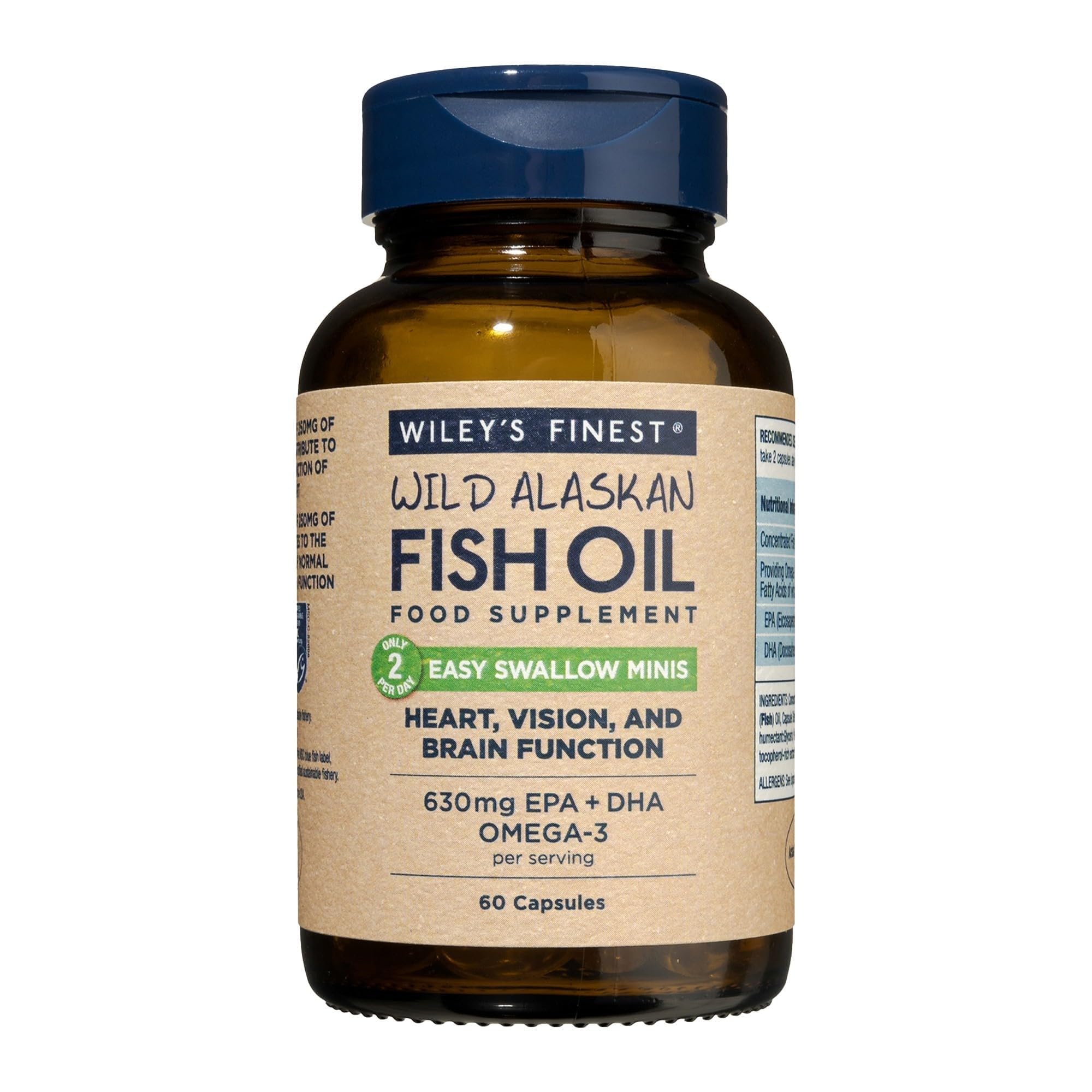 Wiley's Finest Easy Swallow Minis 630mg EPA + DHA Omega-3 Natural Wild Alaskan Fish Oil Food Supplement 60 Capsules