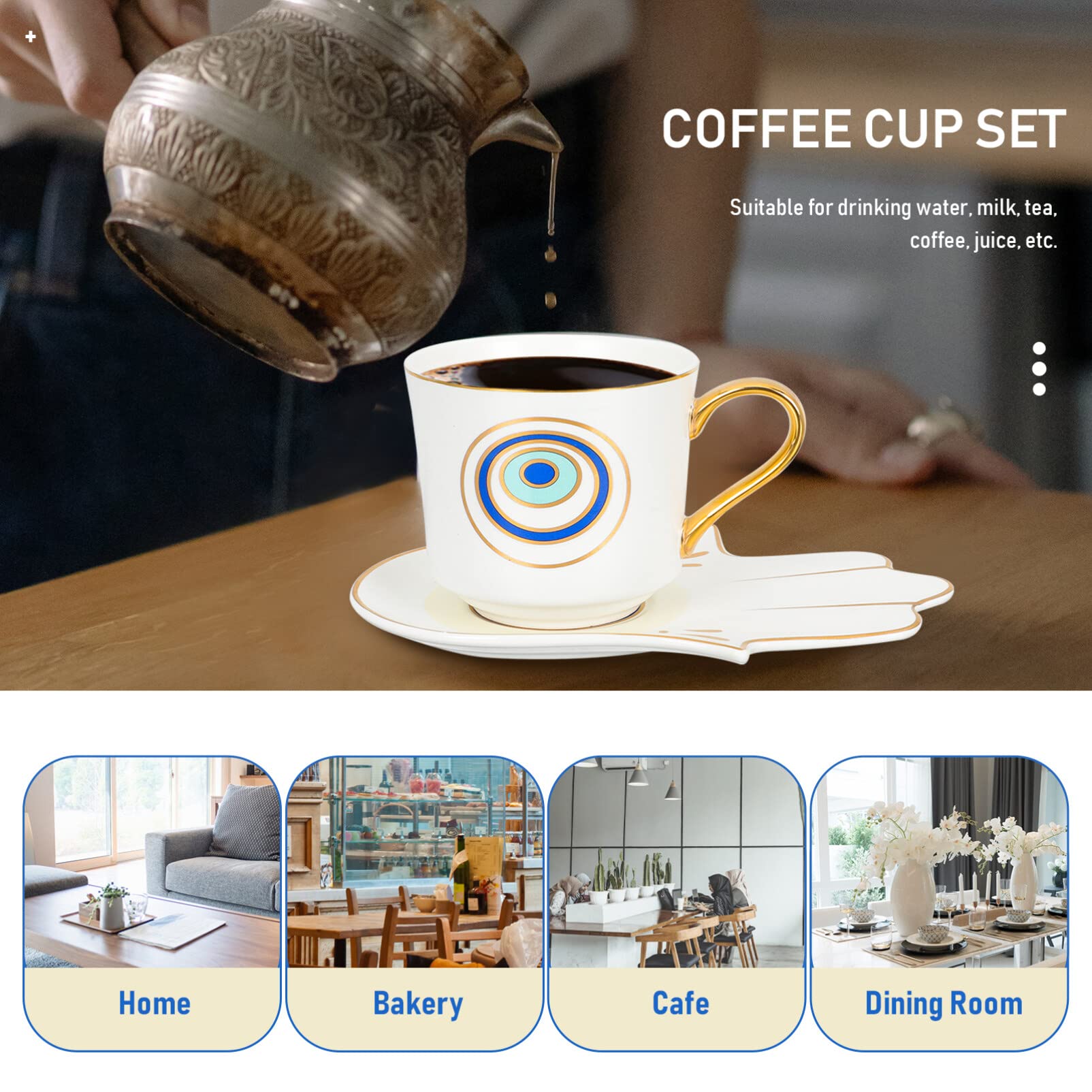 Luxshiny Evil Eye Coffee Cups Set: Turkish Blue Eye Espresso Cup Water Milk Mug Amulet Protection Tea Cup with Hamsa Hand Saucer Plate for Drinks Latte Lucky Decor White