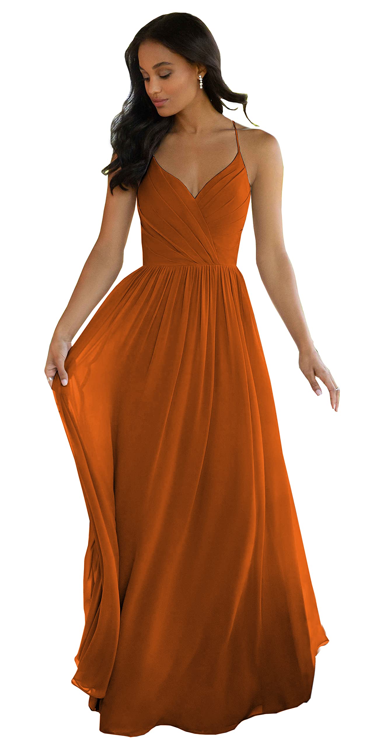 LANGKAAO Burnt Orange V Neck Formal Dresses for Wedding A-Line Chiffon Pleated Keyhole Back Long Bridesmaid Dress Size 12