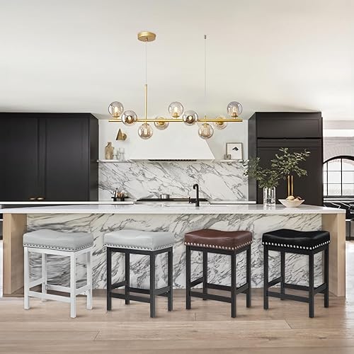 Miniatura 8 de OUllUO Juego de 3 taburetes de bar grises y blancos, taburetes de bar de altura de mostrador, taburetes de silla de montar de piel sintética con