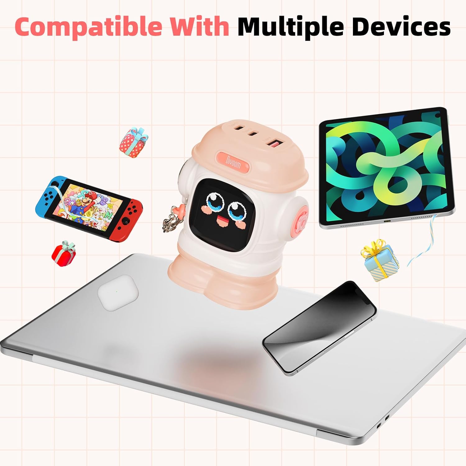 Divoom Dipow 65W USB-C Charger 3-Port Fast GaN Charger with DIY Pixel Display Foldable Compact Wall Block Power Adapter for iPhone 16/15 MacBook iPad Galaxy S23/S24 Switch (with 100w Cable) (Pink) - Image 5