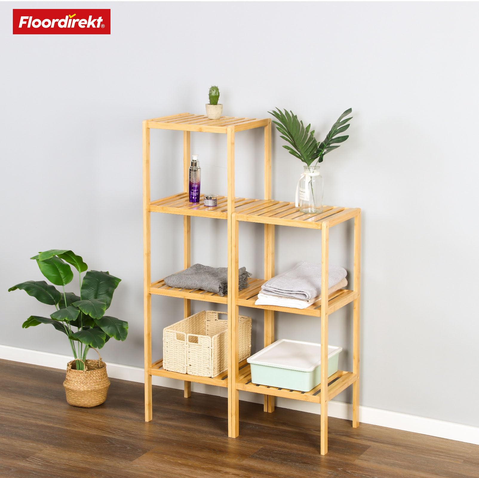 Floordirekt Bambus Regal, schmales Standregal für Badezimmer, Schlafzimmer, Wohnzimmer, Holzregal mit 3/5 Etagen, Regal Größe 34 x 33 x 146 cm (Lowa) (5 Etagen)