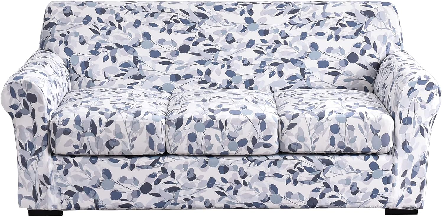 JIAN YA NA 4 Piece Stretch Sofa Slipcover for 3 Cushion Couch, Floral Printed Couch Cover with Individual Cushion Covers, Elastic Soft Sofa Cover Furniture Protector for Living Room (Large, Leaves-A)