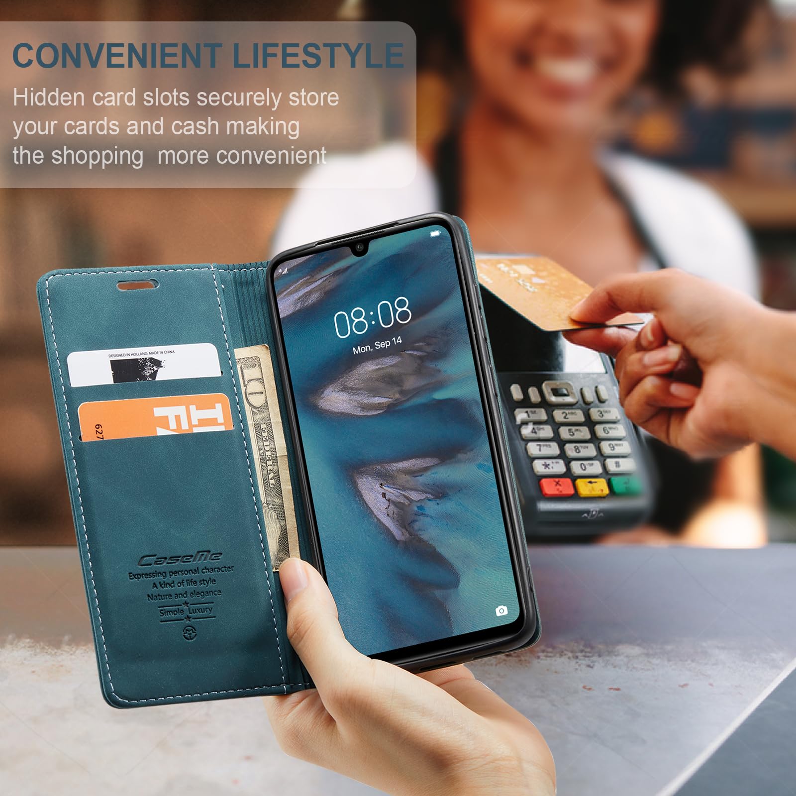 for Huawei P30 Lite Case, Flip Wallet Leather Case with Card Holder Magnetic Closure Shockproof Kickstand Protective Phone Cases Cover for Huawei P30 Lite,Blue-Green — view 3