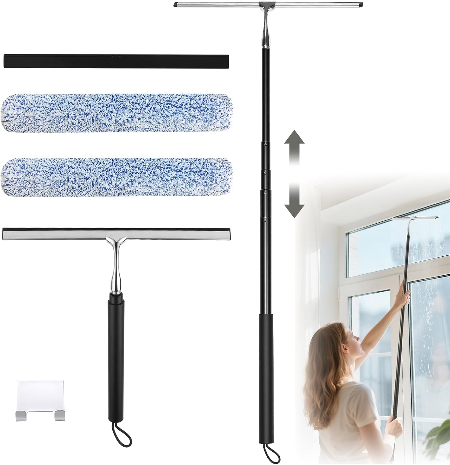 Squeegee for Shower Glass with Long Handle – Extends 13" to 48", Includes 2 Towel Sleeves, Replacement Silicone Blade & Hook, 14" Wide Blade for Glass, Mirrors, Windows & Tile Walls (Black) Silver Stainless Steel + Black Silicone