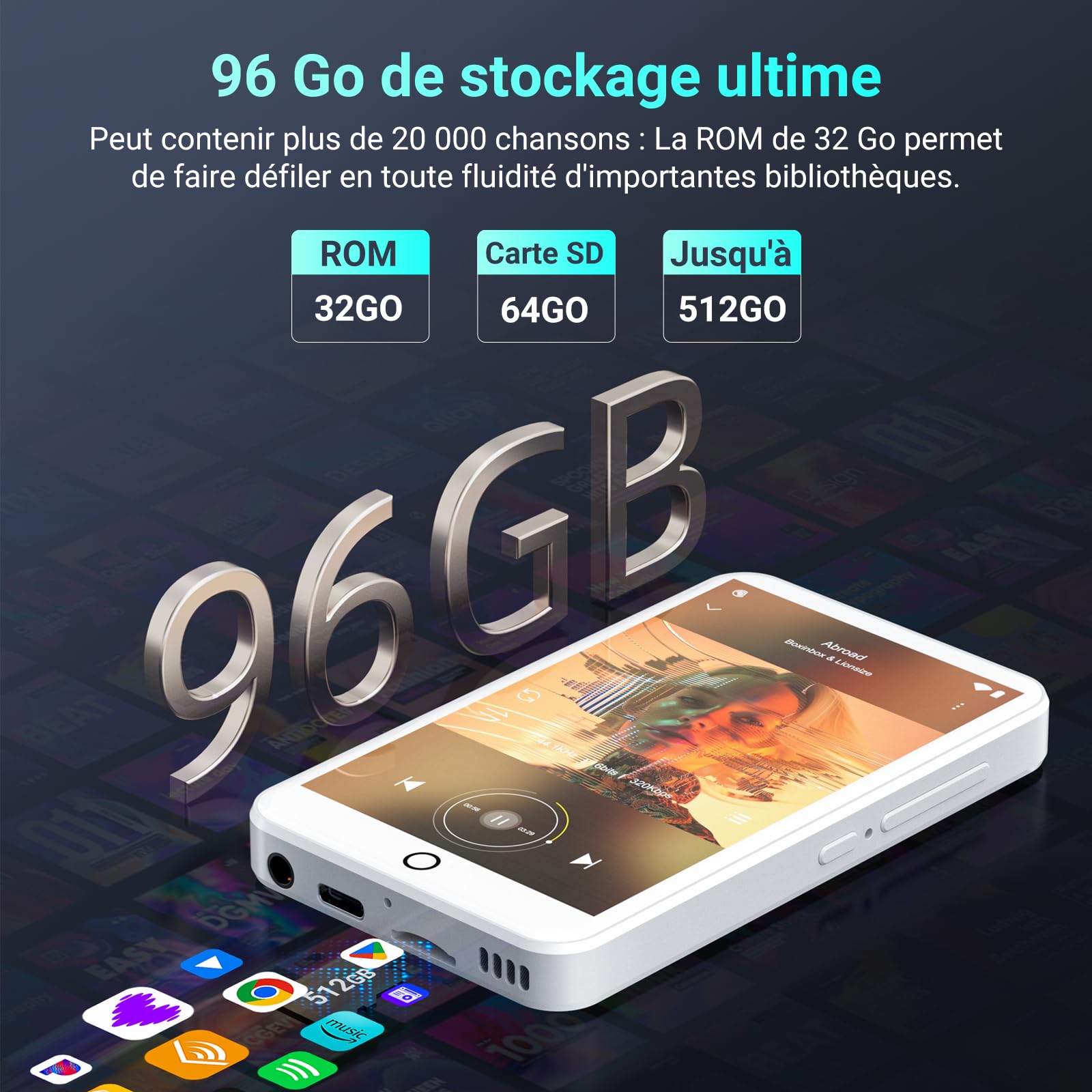 96 Go Lecteur MP3 avec Bluetooth WiFi et écran Tactile 4"