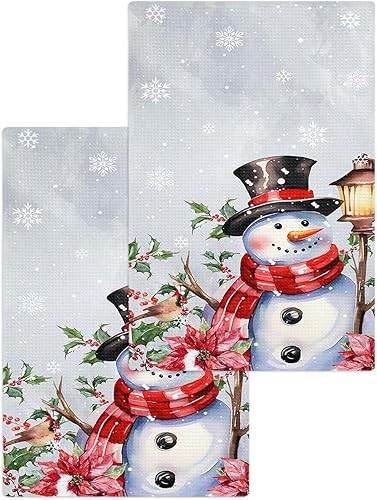 Kitchen Towel 2 Packs Cotton Waffle Weave, Red Poinsettia Flower Berries Snowman Christmas Grey 16 x 24 Inch Absorbent Quick Drying Dish Towels