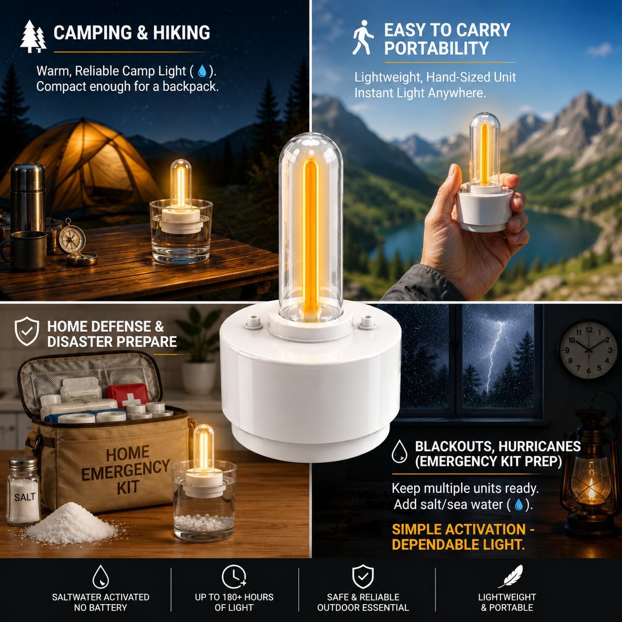 Emergency Lantern, Battery-Free Light for Power Outages, Hurricane Preparedness & Survival Kits, Water-Activated Salt Water Lamp, Up to 180 Hours Runtime, Camping & Emergency Preparedness