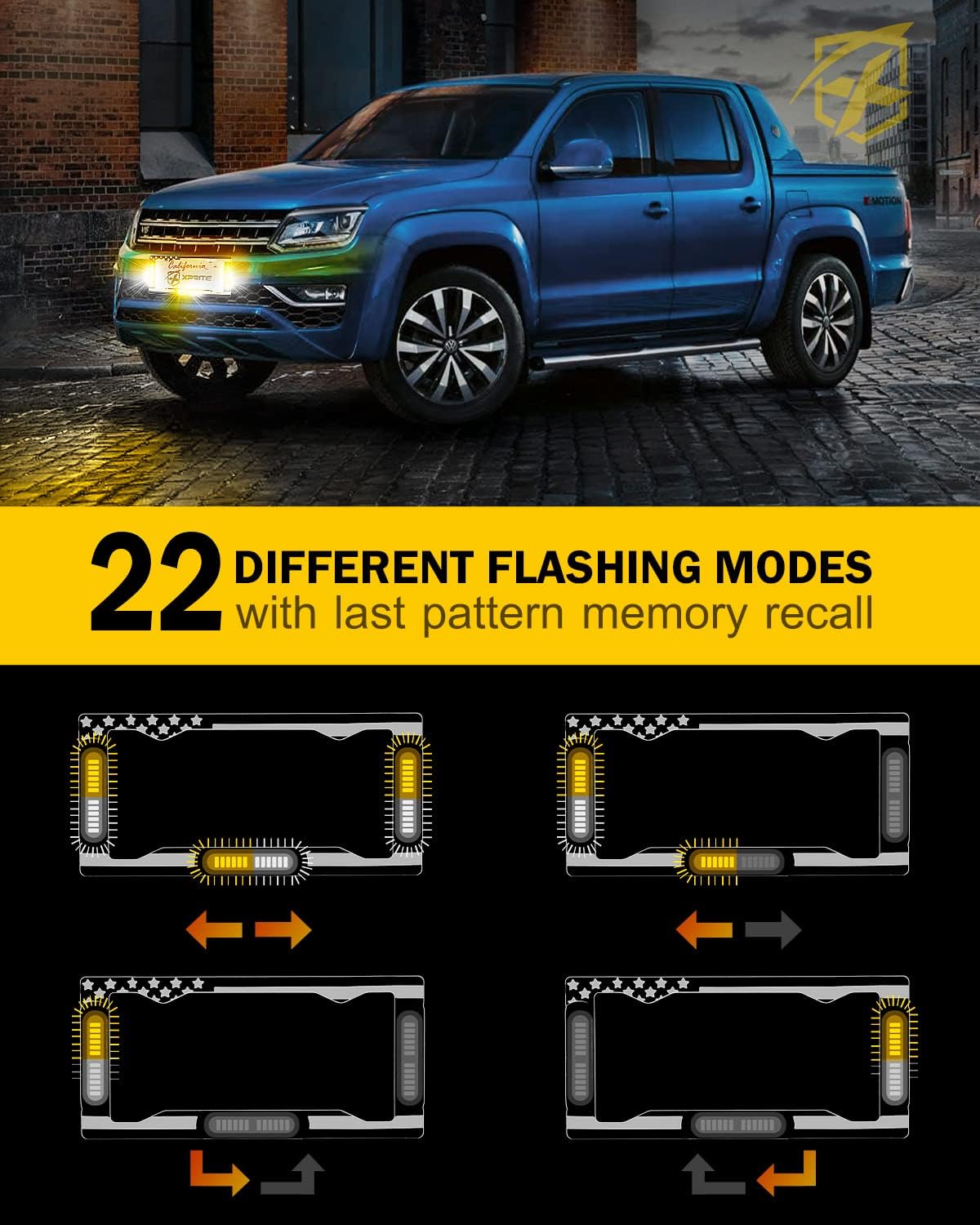 Xprite 36 LED License Plate Strobe Light, US Flag Front/Rear Strobe Lights, 22 Flash Modes Emergency Safety Warning LED License Frame for Cars Vehicles Trucks, Amber White (w/Pre-Installed 9FT Cable)