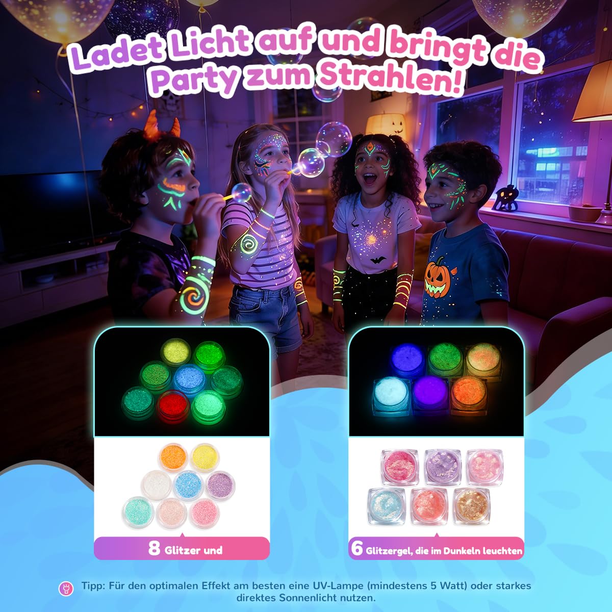 Bledras 36 Farben Glitzer Tattoo Set Kinder - Komplett-Set mit 178 Schablonen, 5 Pinseln, 3 Klebern, 4 Leucht-Tattoos & weiterem Zubehör – Geschenke für Kinder im Alter von 3 bis 12 Jahren - 4