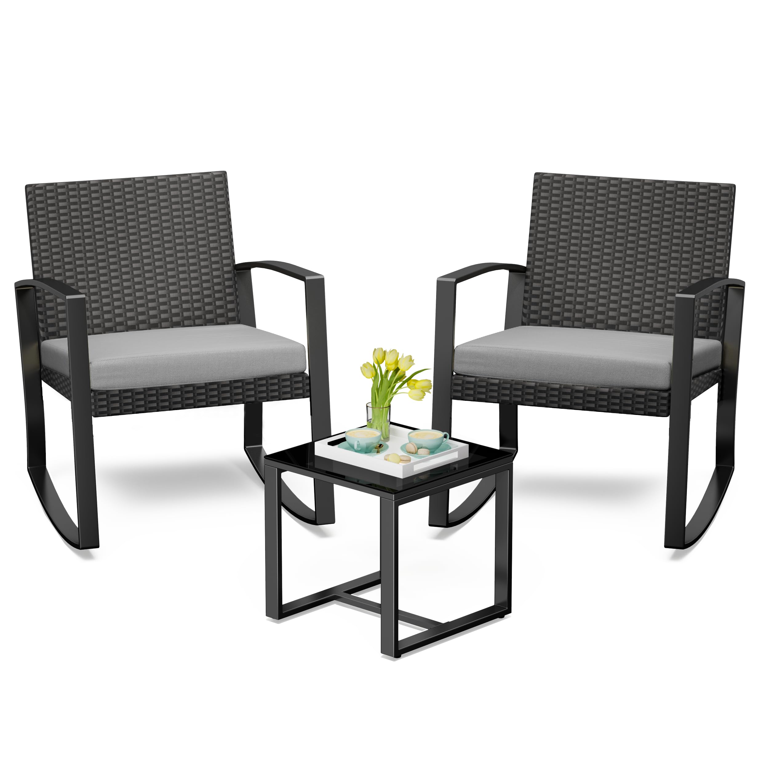 Bealife Set Giardino，Salottino da Esterno，Set di Mobili da Balcone in Rattan, ，Set da Balcone 3 Pezzi per Portici, Cortili, Terrazzi, Balconi, Bordo Piscina (Grigio)