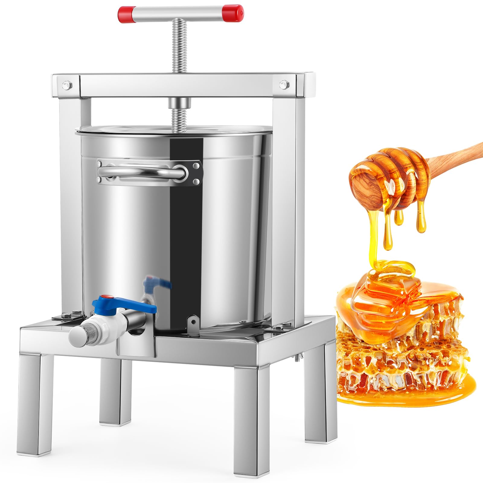 Moongiantgo 10l Pressa Manuale per Miele, Torchio per Frutta E Vino in Acciaio Inossidabile Con Manico a T, Completamente Chiuso, Multipla Filtrazione, Per Miele, Succo, Vino, Sidro, Apicoltura (10L)