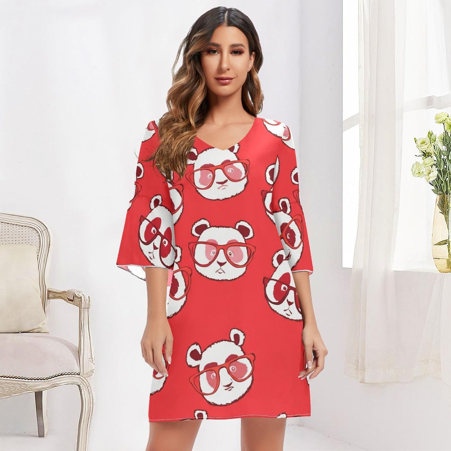 Panda Animals Glasses Red V Line Dress 3/4 Sleeve Chiffon Beach Dress S-XXL