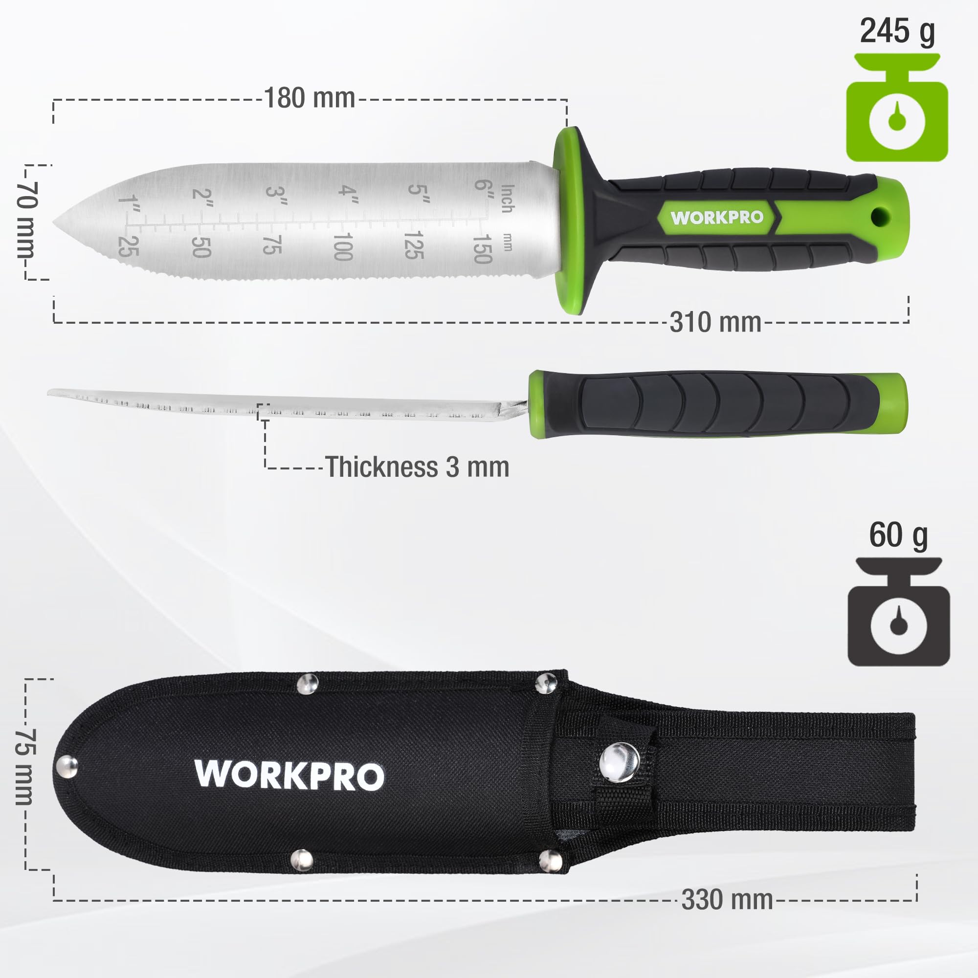 WORKPRO Hori Hori Garden Knife, 7" Stainless Steel Blade with Cutting Edge, Garden Tools with Oxford Sheath, Ergonomic TRP Handle with Hanging Hole for Weeding, Planting, Digging, Green