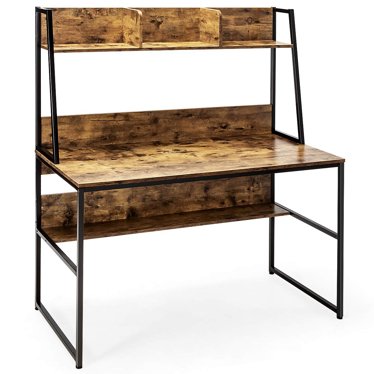 GYMAX Mesa de trabajo para ordenador, con estantería y 3 compartimentos, escritorio con amplia superficie de trabajo y patas ajustables, mesa de oficina para el hogar, ahorra espacio, 120 x 57 x 140