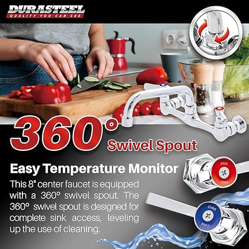 Miniatura 4 de DuraSteel NSF - Grifo de fregadero comercial sin plomo de 8 pulgadas, grifo de montaje en pared comercial con boquilla giratoria de 6 pulgadas