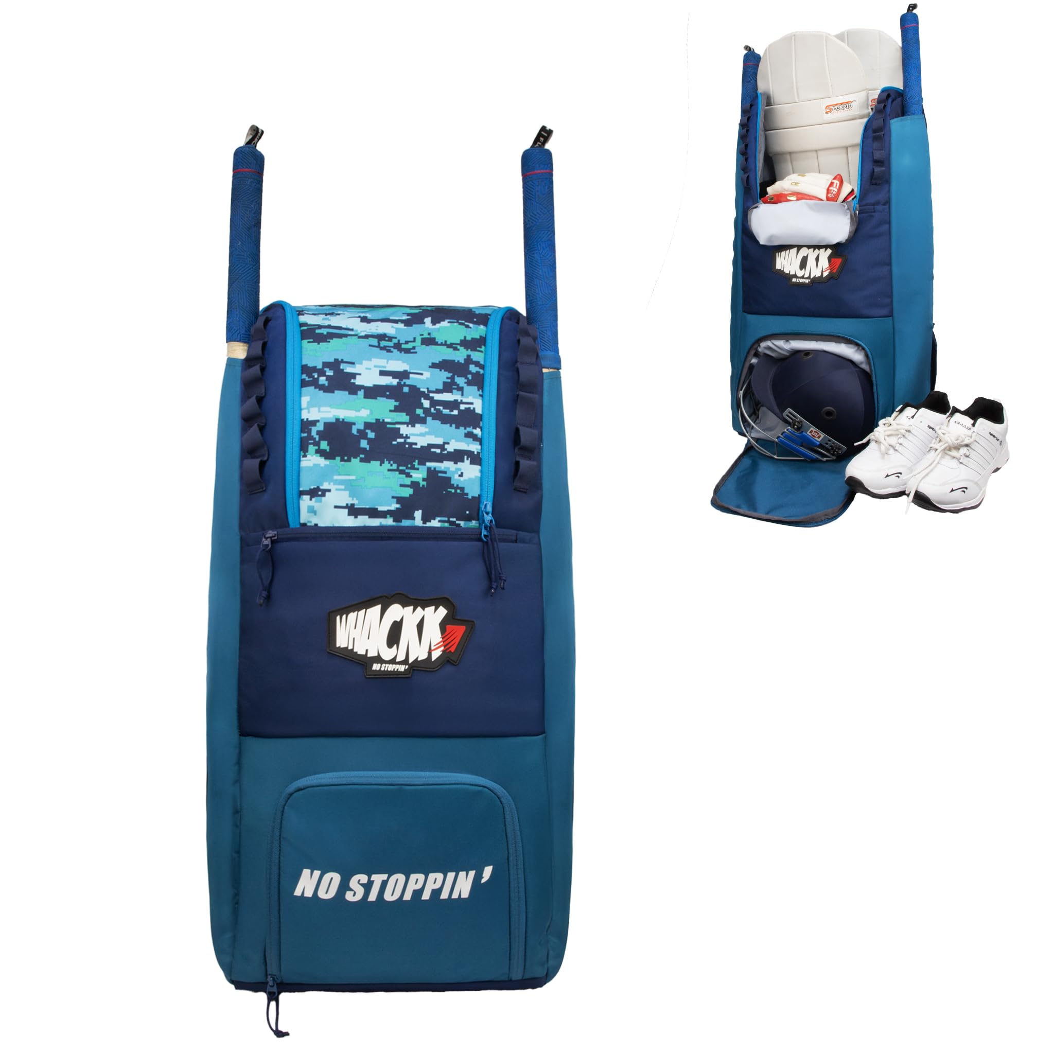 Whackk Hammond 73L Unisex Cricket Kit Bag|Adult Size|2 Bat|Shoe/Helmet Pocket|Main Compartment 20" Leg Pad|2 Bottle Holder|Easy Access Pocket|Player Edition Senior (Aqua Blue)