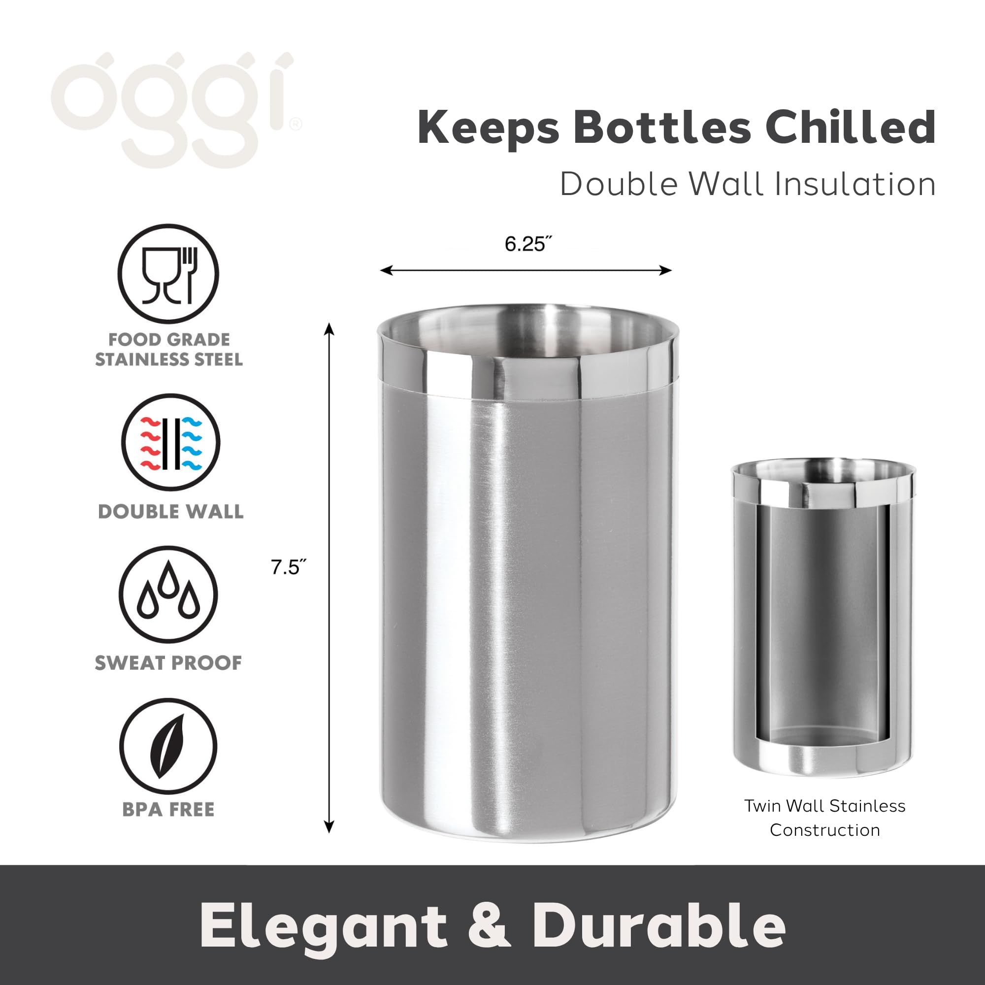 OGGI Stainless Steel Double Wall Wine Cooler - Insulated Tabletop Wine Chiller for White Wine & Champagne, Fits Most Standard Sized Bottles — Amazon image 2
