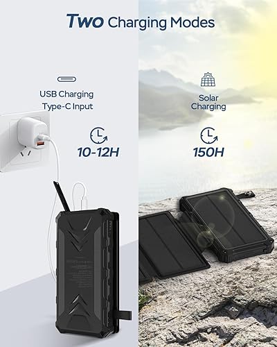 Miniatura 5 de Cargador solar de 20000 mAh con salidas dobles de 3 A, cargador portátil de carga rápida, 4 paneles solares, batería externa, impermeable y