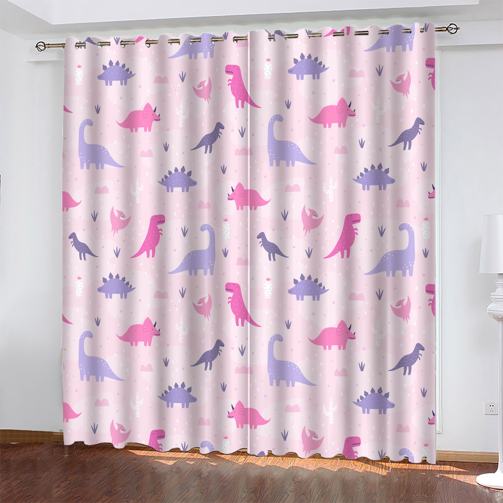 MAQUE Cortinas Salon Dormitorio Dinosaurio Rosa 3D Cortinas Salon Opacas Estampadas Cortina Opaca Termica Aislante con Ojales 2 Piezas 75x166 Cm