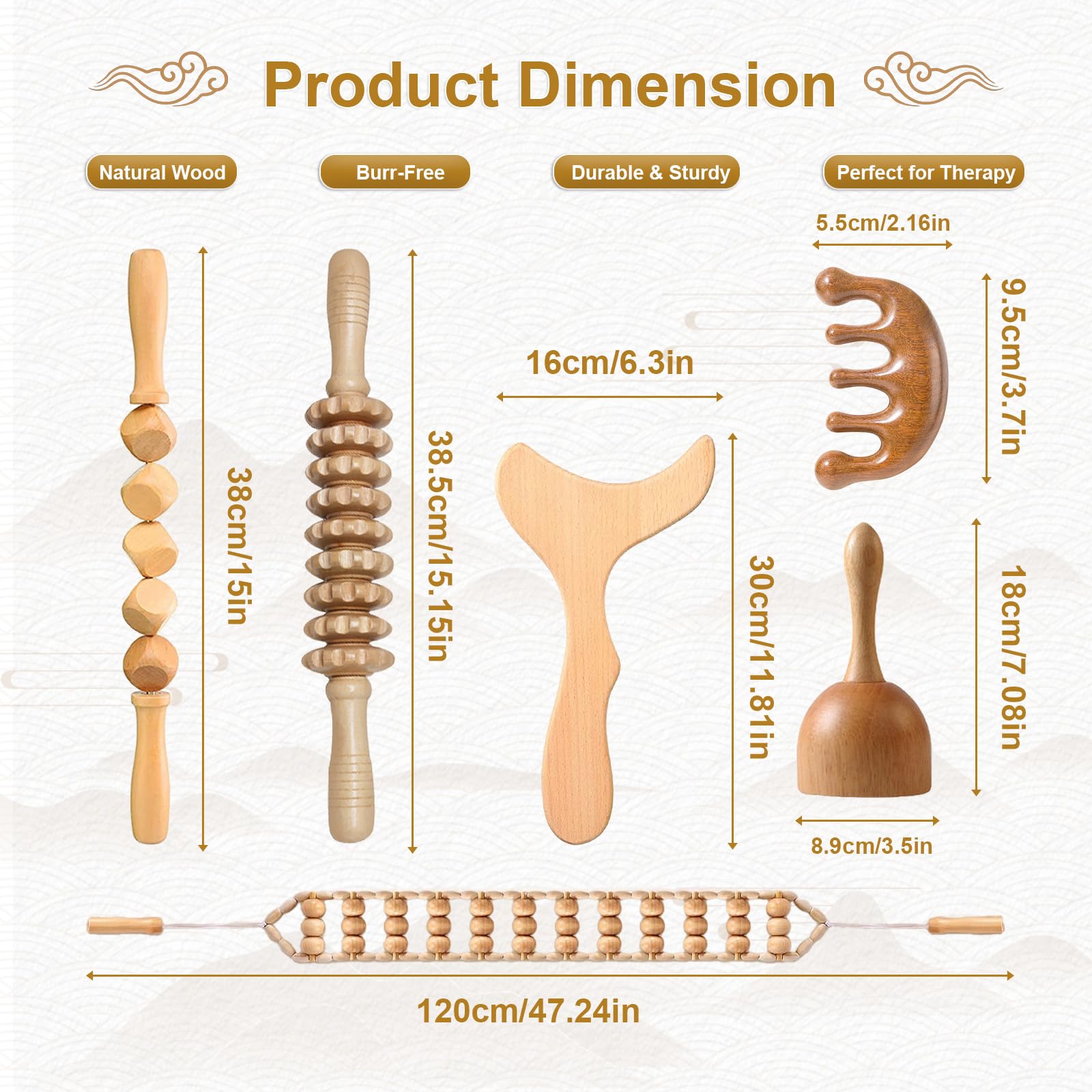 Ensemble d'outils de massage 6 en 1 pour thérapie du bois, kit de drainage lymphatique de bois avec rouleau de fascia, Gua Sha, outils de sculpture corporelle pour contourner et façonner