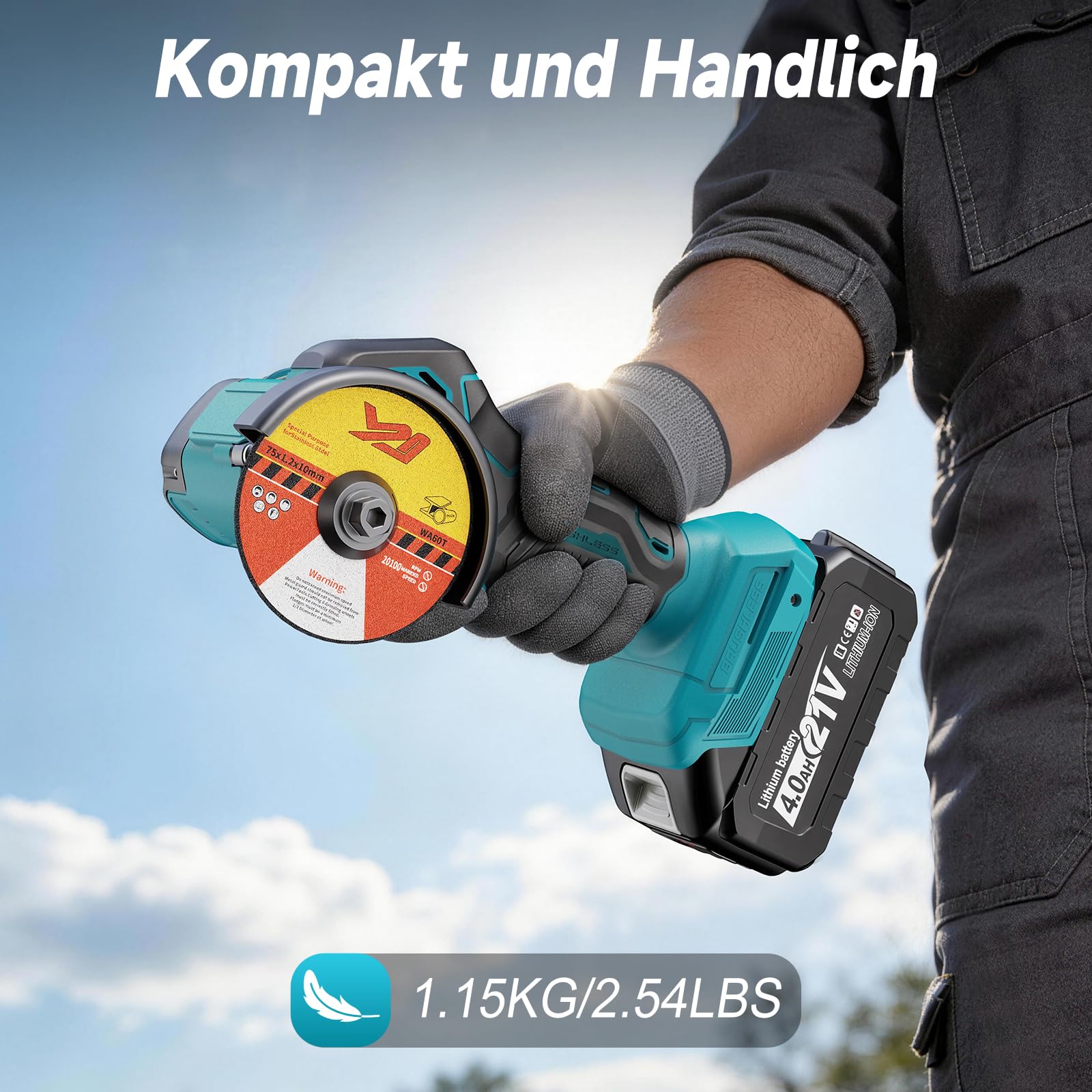 Mini Akku Winkelschleifer 76mm Kompatibel mit Makita 18V Akkus, 19500RPM Akku Flex mit 2×4.0Ah Batterien, Trennschleifer mit 5 Trennscheiben für Metall/Holz/Fliesen | Mit Staubschutzhaube