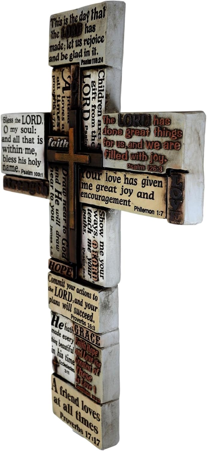 Ebros Gift Large Inspirational Wall Cross of Faith Love Hope Peace Joy Strength Worship Praise Prayer Bible Verses Quotes Psalms Proverbs Collage Style with Multi Layered Crosses Decorative Figurine