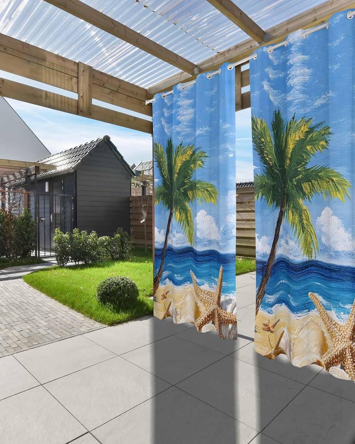 Beach Outdoor Curtains for Patio, Sea Ocean Palm Starfish Waterproof Outside Curtains with Grommet Top Weatherproof Summer Tropical Curtain for Cabana Pergola Gazebo, 2 Pack, 54"W x 84"L