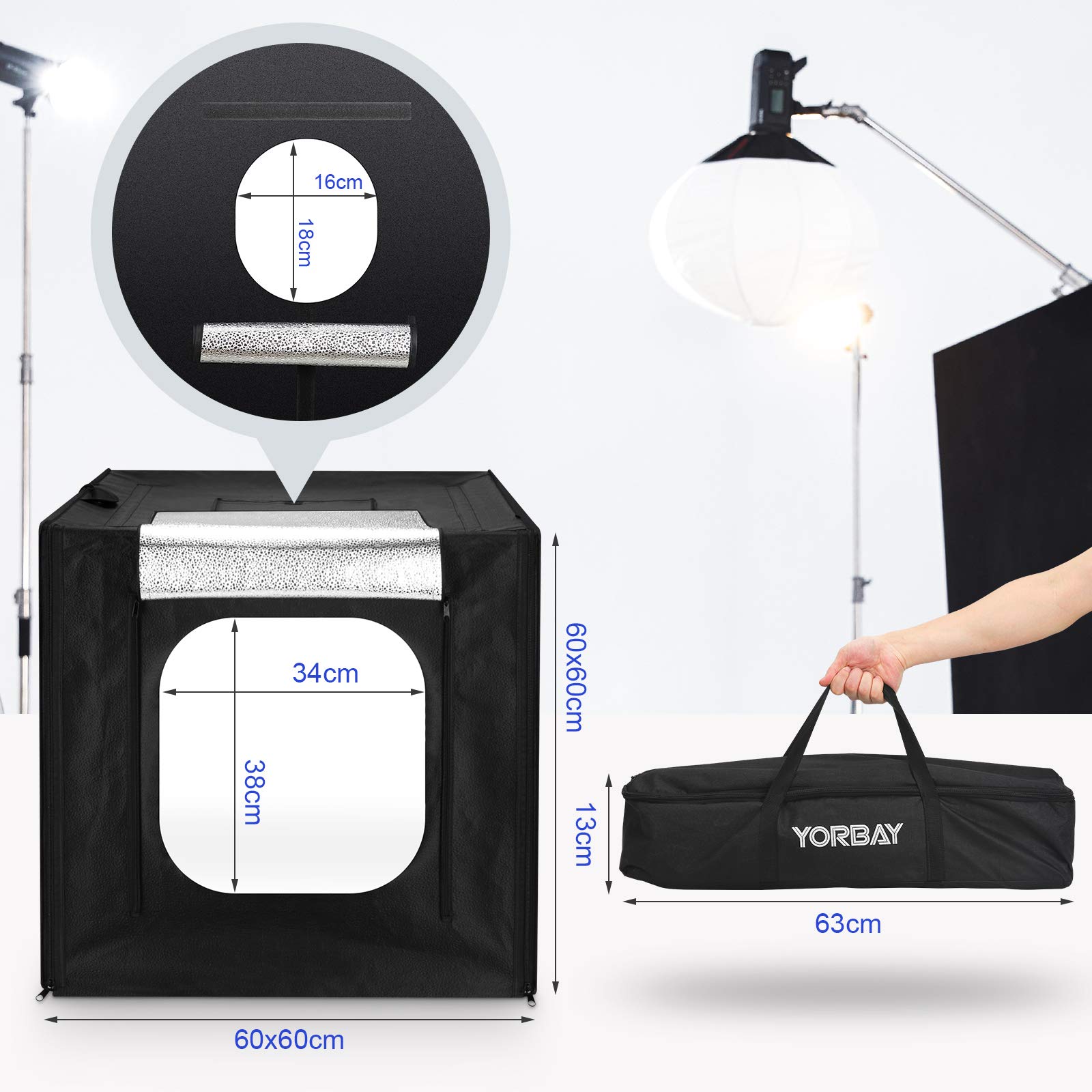 Yorbay Tenda Studio Fotografico Luminosità Regolabile 60x60x60cm Pieghevole Portatile, con 2x Luci LED più 4 Panni Sfondi Bianco/Nero/Arancione/Grigio, Photo Box Professionale