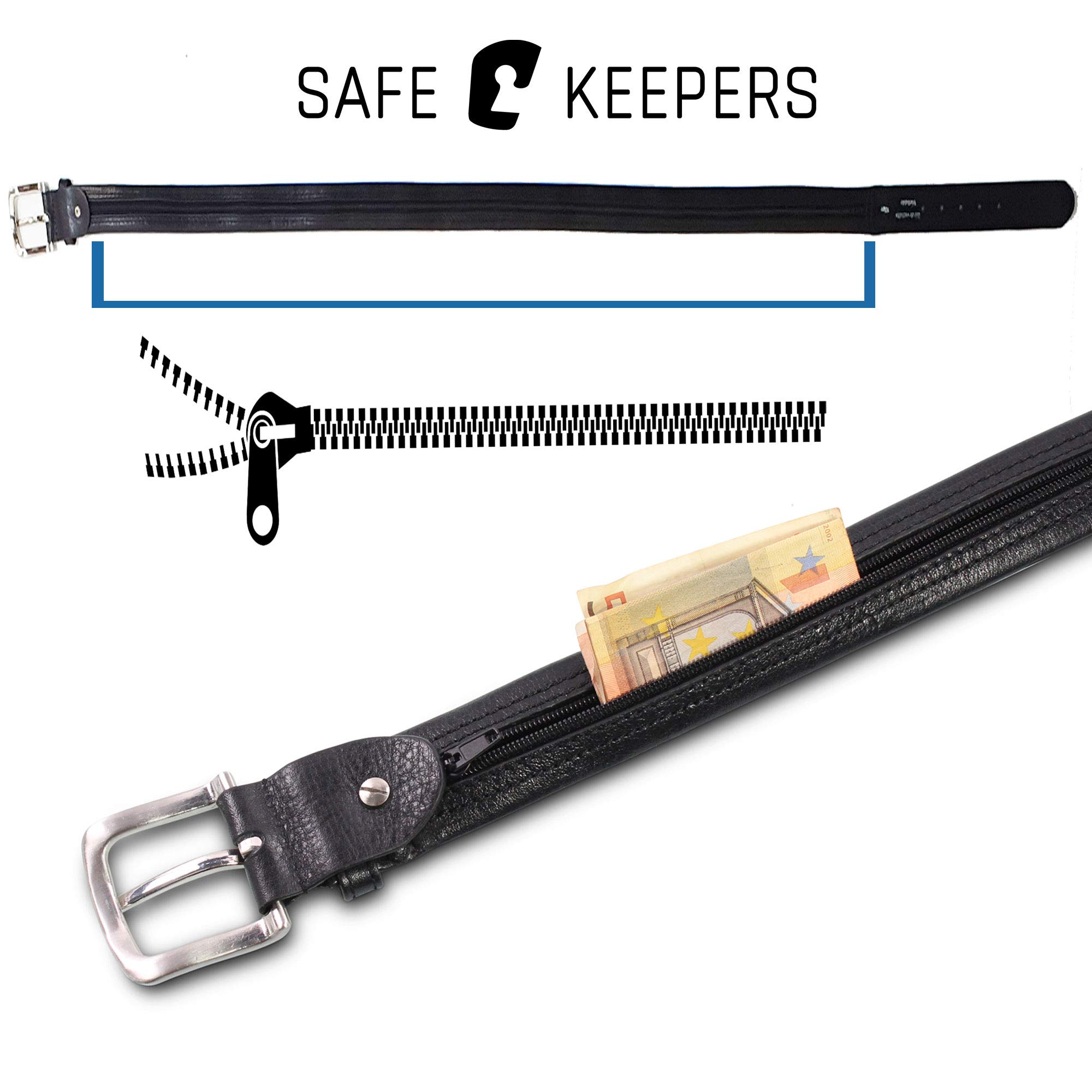Safekeepers Pasek z schowkiem na pieniądze, skórzany pasek na pieniądze - kieszeń na pieniądze - pasek z zamkiem błyskawicznym - Moneybelt, uniseks, czarny, 95 B.W. = Gesamtlänge 110 Cm.
