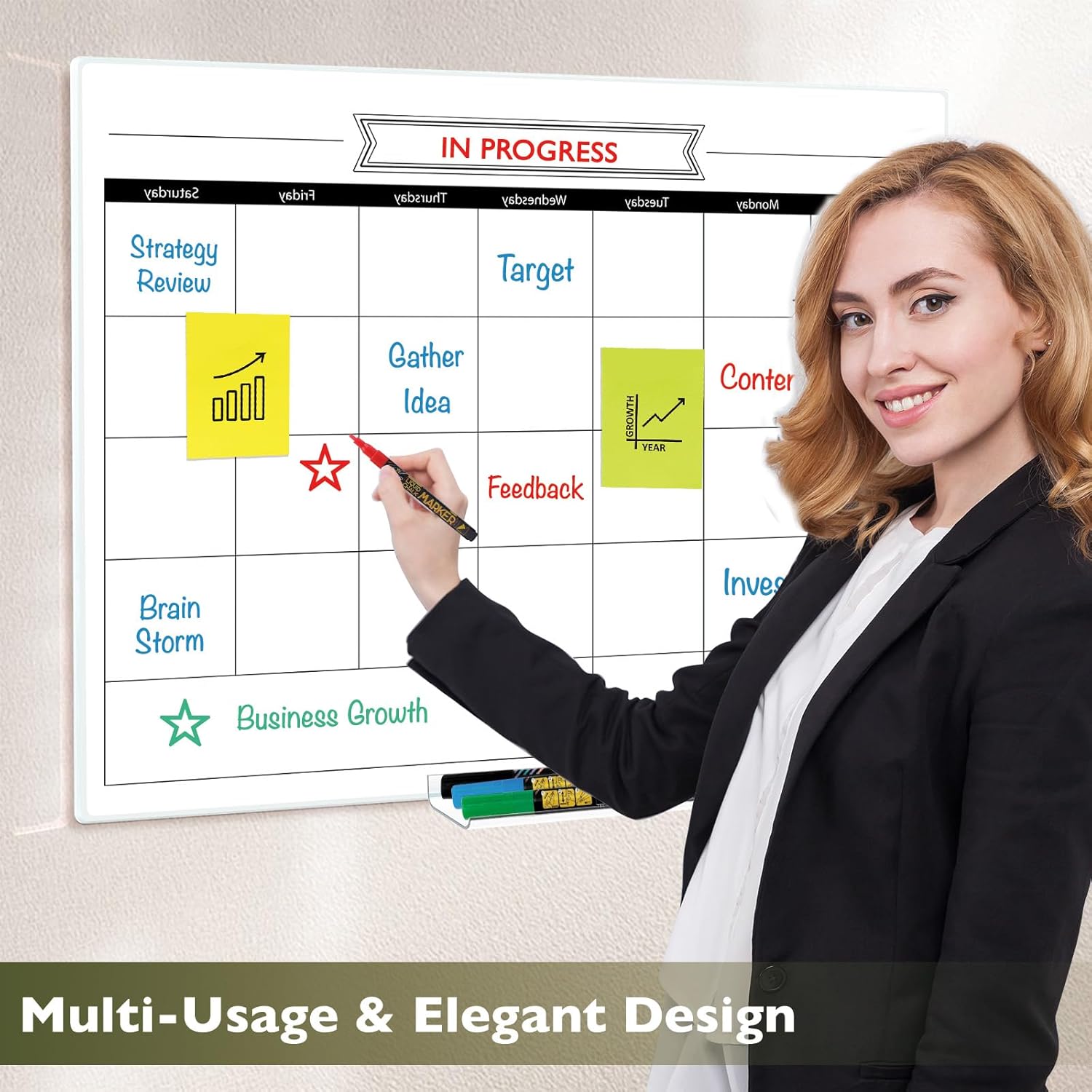 DumanAsen Glass Calendar Whiteboard, 16"x12" Monthly Calendar whiteboard for wall, Small Frameless Dry Erase Whiteboard for Home, Including Chalk Markers, Eraser and Hanging Hardware