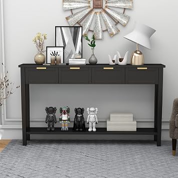 Kinpaw 60 Long Narrow Console Table - Entryway Table Sofa Table with Drawers and Bottom Shelf, Hallway Table for Entryway, Living RoomBlack