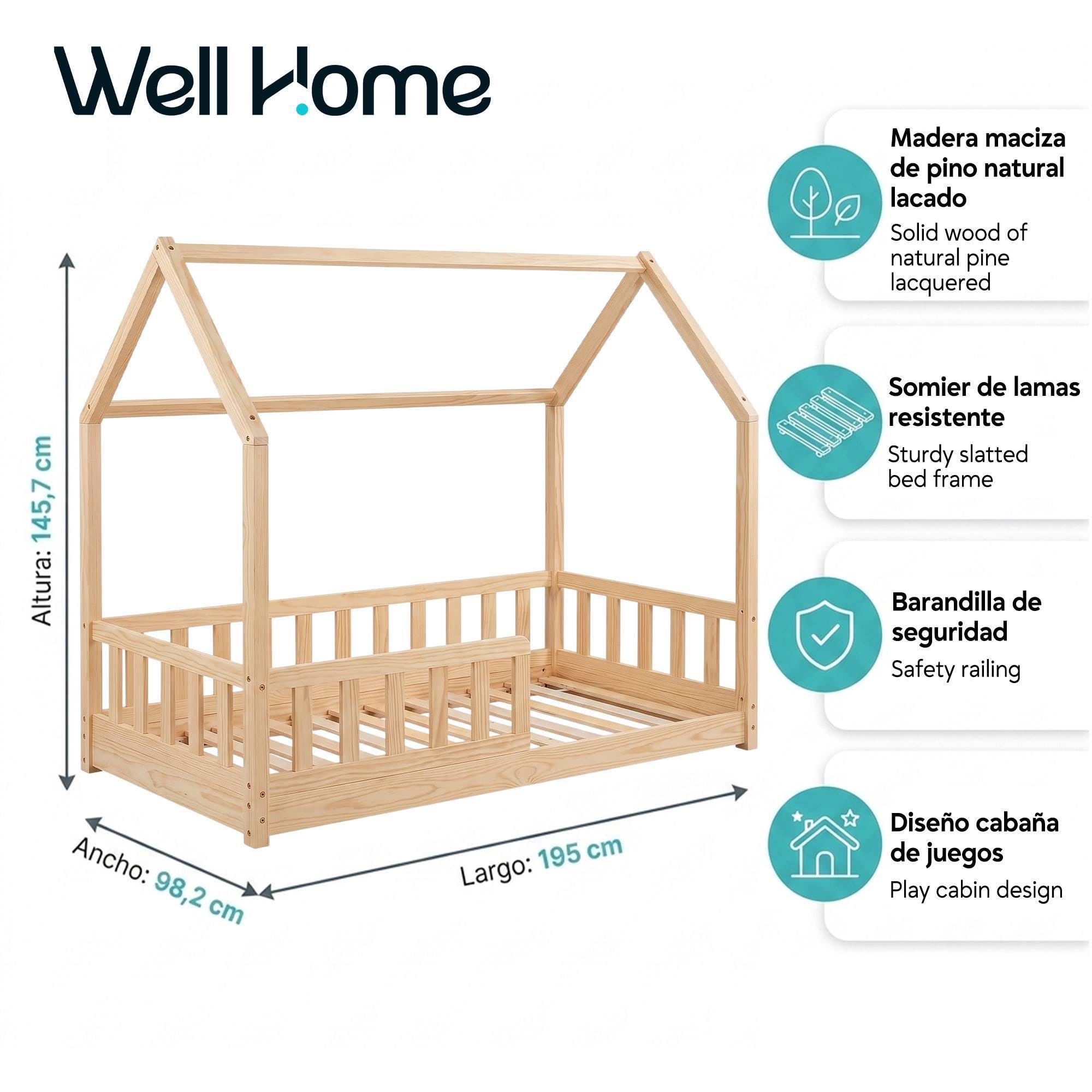 Well Home MOBILIARIO & DECORACIÓN Habitación Infantil: Cama Infantil Modelo cabaña de Pino Madera 90x190cm