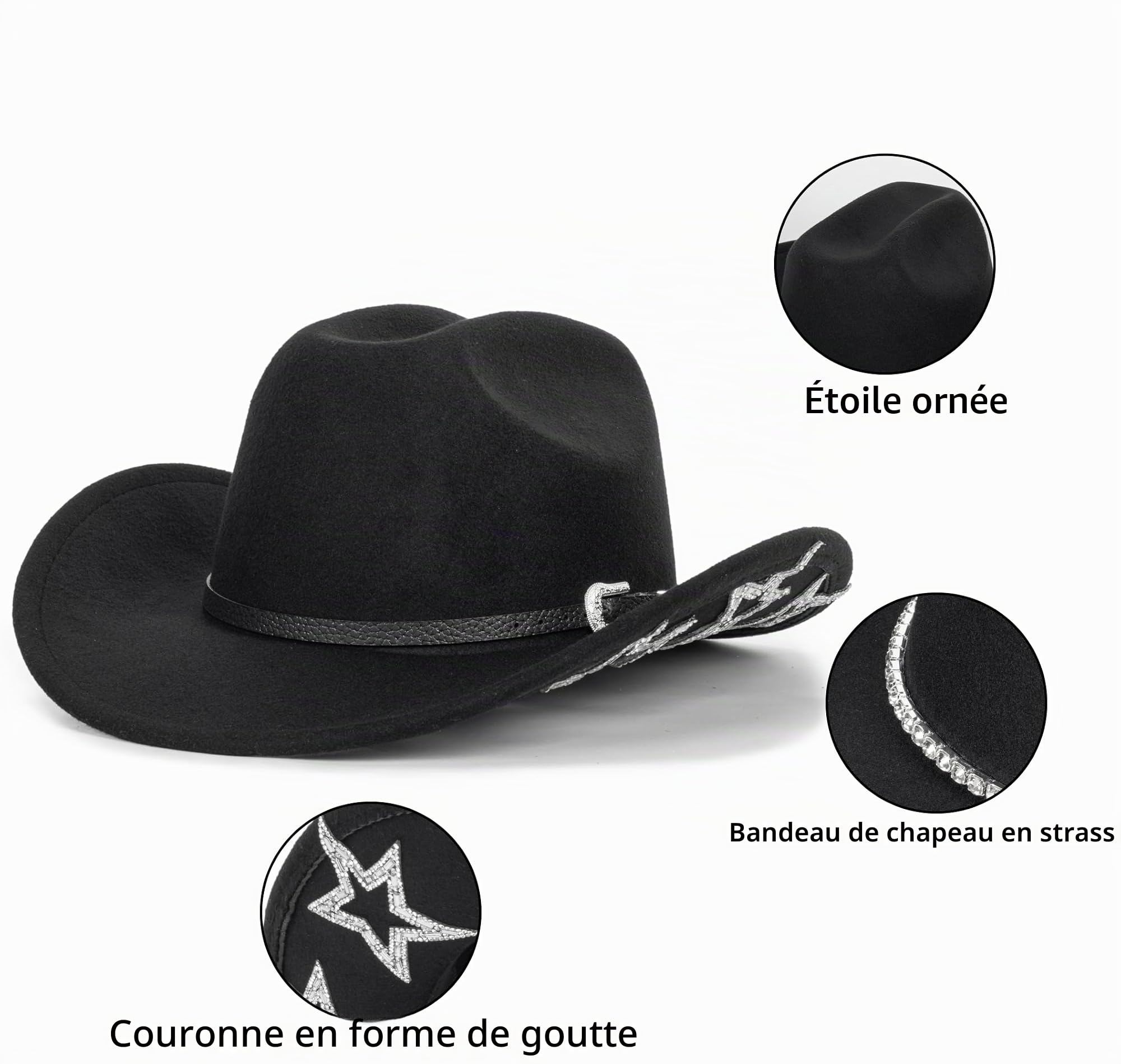 Chapeau de cowboy classique pour femme avec boucle de ceinture (M-L)