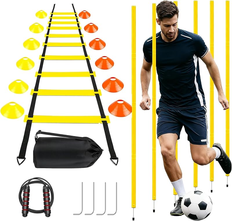 Equipo de entrenamiento con escalera de agilidad de 20 pies para fútbol, ​​12 conos, entrenador de fútbol en solitario, cuerda para saltar, regalos de fútbol de velocidad para niño | Escalera de velocidad de 20 pies, 6 postes de fútbol, ​​12 conos deportivos, 1 cuerda para saltar, regalos para niños de 8 a 12 años