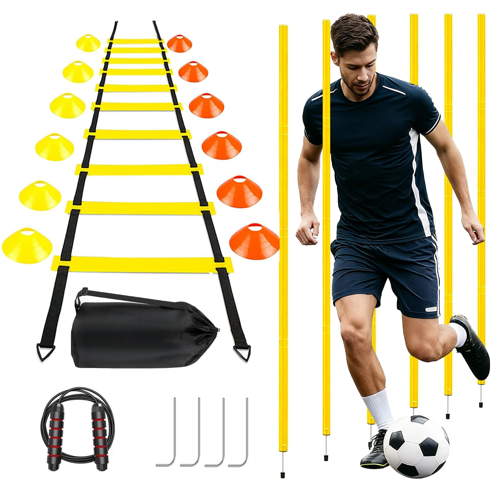 Juego de equipo de entrenamiento de agilidad de fútbol, accesorios de fútbol, escalera de agilidad de 20 pies, 12 conos, entrenador de fútbol solo, equipo de entrenamiento de velocidad de