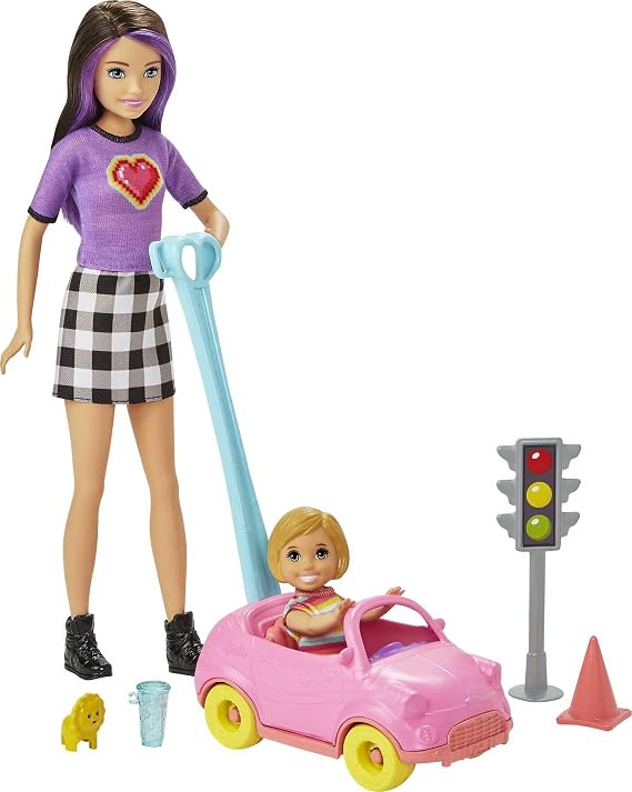 Barbie Skipper Babysitters Inc. Accessories Set with Small Toddler Doll & Toy Car, Plus Traffic Light, Cone, Cup & Lion Toy, Gift for 3 to 7 Year Olds, White
