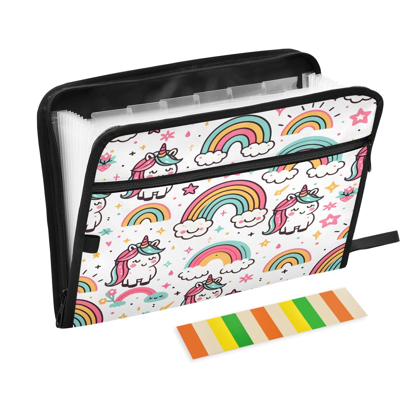Cute Pattern with Rainbow and Unicorns 13 Pocket File Organizer Expanding File Folder with Front Pouch Portable Business Fire Storage Document Organizer Folder with Zipper