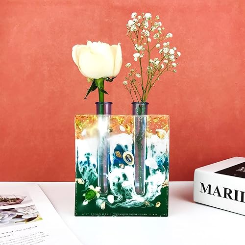 Miniatura 7 de Voyyphixa Moldes de resina para jarrón de silicona para estación de propagación de plantas, jarrón rectangular de resina epoxi con 3 tubos de