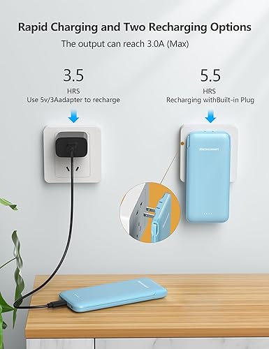 Miniatura 3 de Metecsmart Cargador portátil con cable integrado y enchufe de CA, cargador USB-C rápido de 10000 mAh, mini batería delgada para iPhone